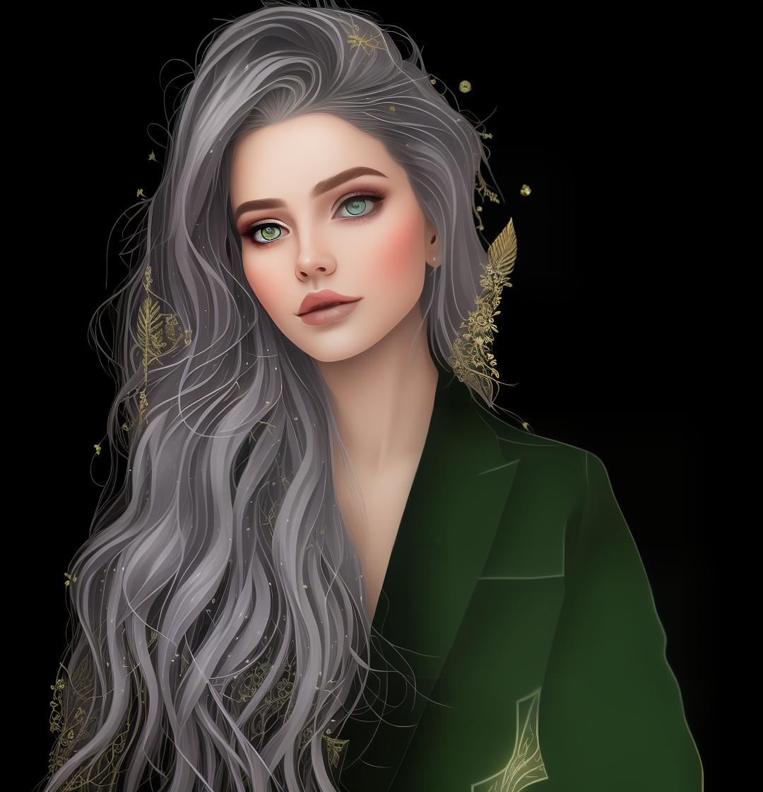 mdjrny-v4 style Create a Fantasy style avatar of a female Elf. Prominent Elf Ears, ears should be pointed, long, sharp, visible behind the hair. The character should have long, flowing silver hair, caught in a bun, adorned with delicate flowers. Her eyes should be almond shaped and bright green. She should wear an elegant, fitted tunic with intricate leaf patterns and embroidery. Her ears should be pointed and prominent, a defining feature of Elves. She should have a graceful and slender build, with pale, smooth skin.