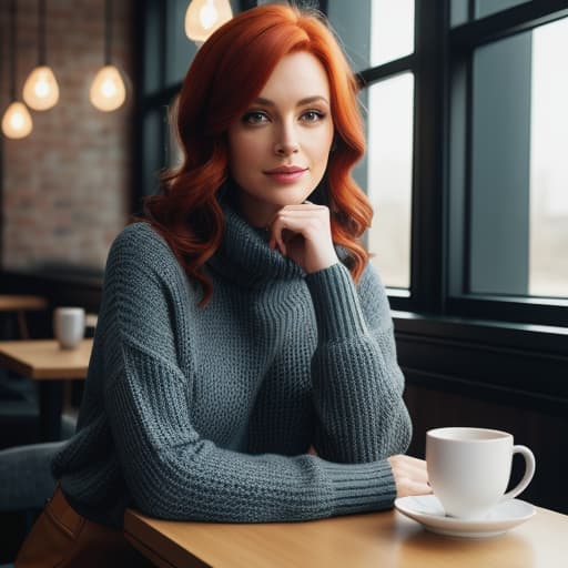  , redhead, stunningly beautiful, smart looking, cute, big s, small waist, wide hips, wearing comfortable sweater and a cute , sitting in cafe, hyperrealistic, high quality, highly detailed, cinematic lighting, intricate, sharp focus, f/1. 8, 85mm, (centered image composition), (professionally color graded), ((bright soft diffused light)), volumetric fog, trending on instagram, HDR 4K, 8K