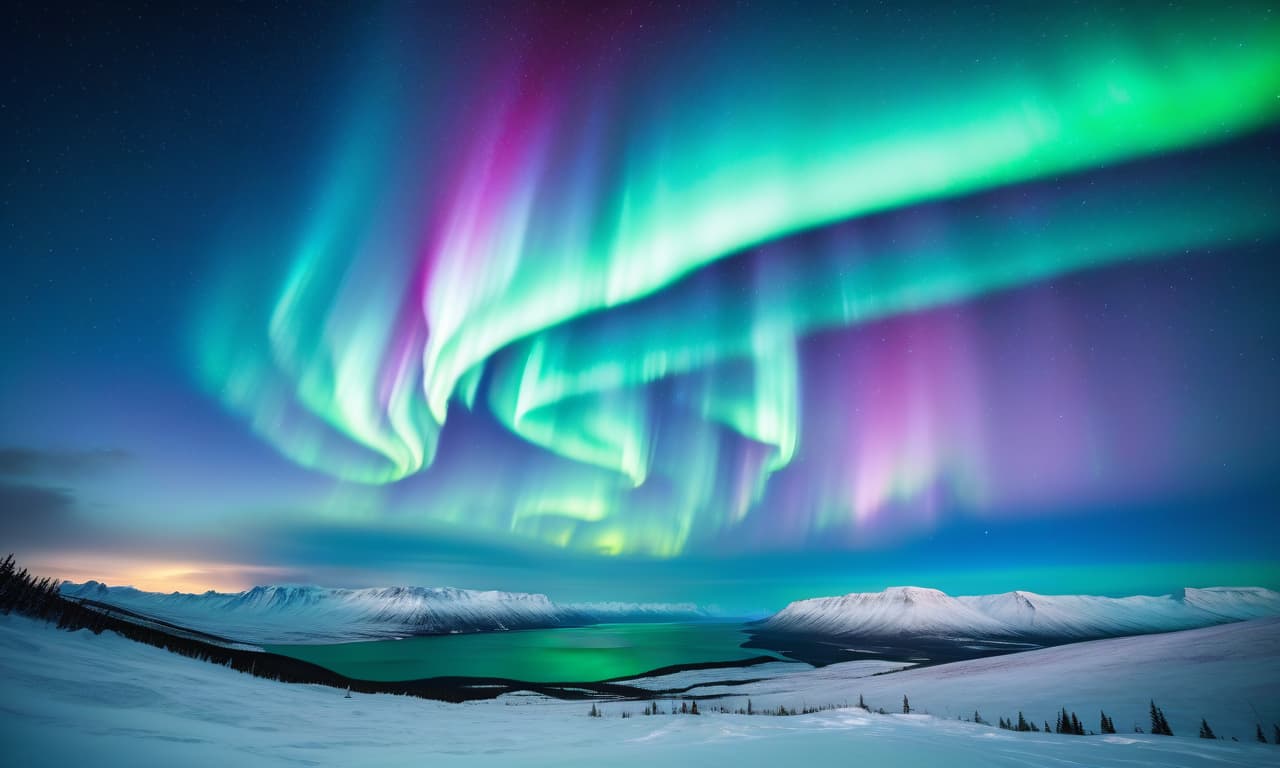  A mesmerizing display of the Northern Lights, also known as the Aurora Borealis. These ethereal lights dance in vibrant shades of green, pink, and purple against a deep blue backdrop dotted with stars. The lights seem to emanate from the horizon and swirl upwards, creating an almost surreal atmosphere. The overall composition gives a sense of wonder and the vastness of the universe. hyperrealistic, full body, detailed clothing, highly detailed, cinematic lighting, stunningly beautiful, intricate, sharp focus, f/1. 8, 85mm, (centered image composition), (professionally color graded), ((bright soft diffused light)), volumetric fog, trending on instagram, trending on tumblr, HDR 4K, 8K