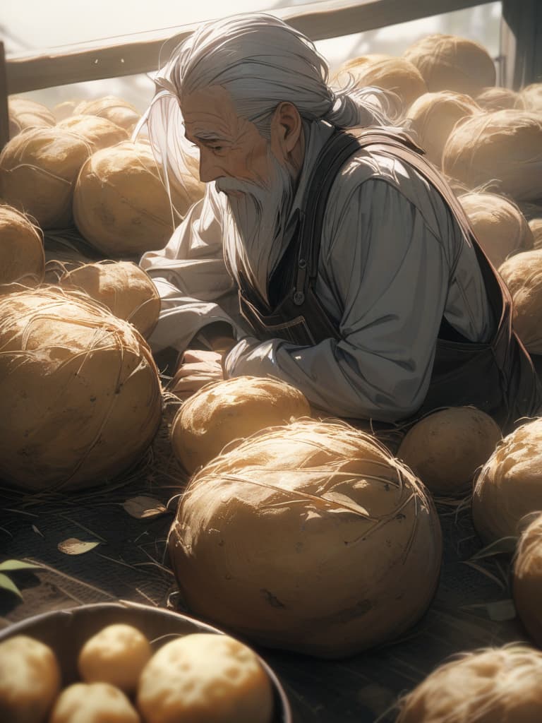  Farmers, potatoes, thin, cool, white hair, beard, old man, masterpiece, best quality,8k,ultra detailed,high resolution,an extremely delicate and beautiful,hyper detail