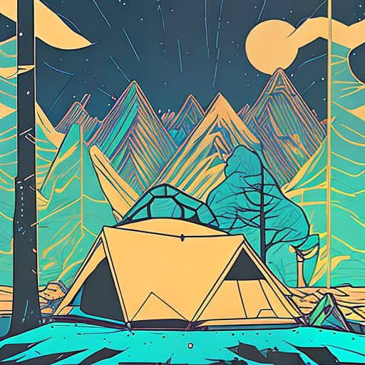 nvinkpunk Whimsical mountains with trees, and camping tent