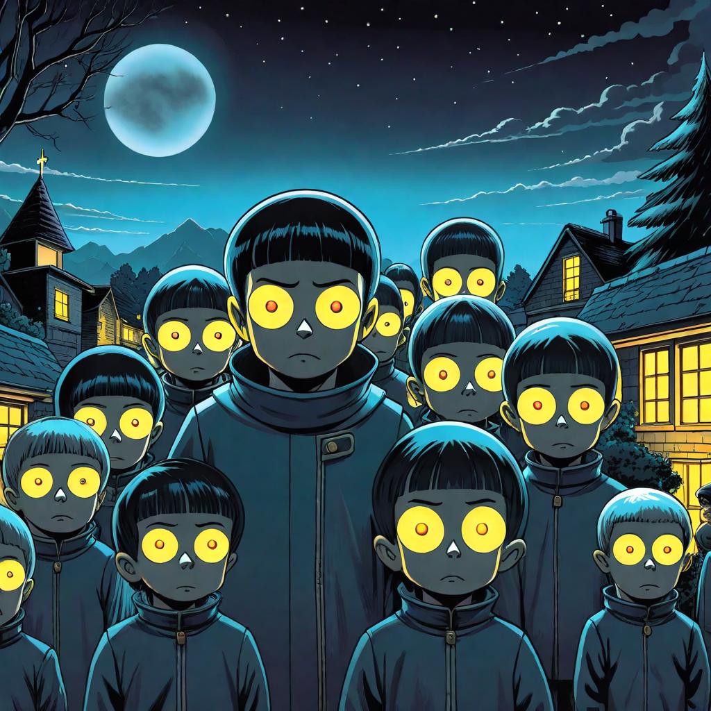  manga artwork Village of the damned people with glowing eyes, in the style of the simpsons, night scene. manga artist. manga, highly emotional. best quality, high resolution