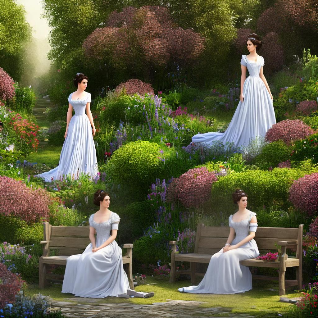  A Pride and Prejudice chat avatar, a digital painting in a realistic style, resembling a 19th-century portrait, with a resolution of 8k. The avatar depicts a woman ((with elegant curls in her hair)), wearing a regency-era gown with intricate lace details. Her expression shows a mix of intelligence and playfulness. The background consists of a ((lush English garden)) with vibrant flowers and a stone bench. The lighting is soft, casting warm rays of sunlight on the subject, creating a serene atmosphere. hyperrealistic, full body, detailed clothing, highly detailed, cinematic lighting, stunningly beautiful, intricate, sharp focus, f/1. 8, 85mm, (centered image composition), (professionally color graded), ((bright soft diffused light)), volumetric fog, trending on instagram, trending on tumblr, HDR 4K, 8K