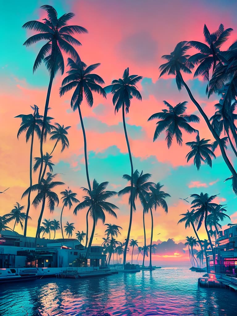 nvinkpunk a pinkish orange sunset and a blue ocean with palm trees hyperrealistic, full body, detailed clothing, highly detailed, cinematic lighting, stunningly beautiful, intricate, sharp focus, f/1. 8, 85mm, (centered image composition), (professionally color graded), ((bright soft diffused light)), volumetric fog, trending on instagram, trending on tumblr, HDR 4K, 8K