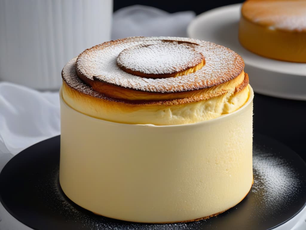  A closeup, ultradetailed image of a perfectly goldenbrown soufflé rising beautifully in a white ramekin, showcasing a delicate texture and a slight glisten on its surface. The soufflé is set against a matte black backdrop, emphasizing its elegant simplicity and the precision required in baking at the ideal temperature. hyperrealistic, full body, detailed clothing, highly detailed, cinematic lighting, stunningly beautiful, intricate, sharp focus, f/1. 8, 85mm, (centered image composition), (professionally color graded), ((bright soft diffused light)), volumetric fog, trending on instagram, trending on tumblr, HDR 4K, 8K