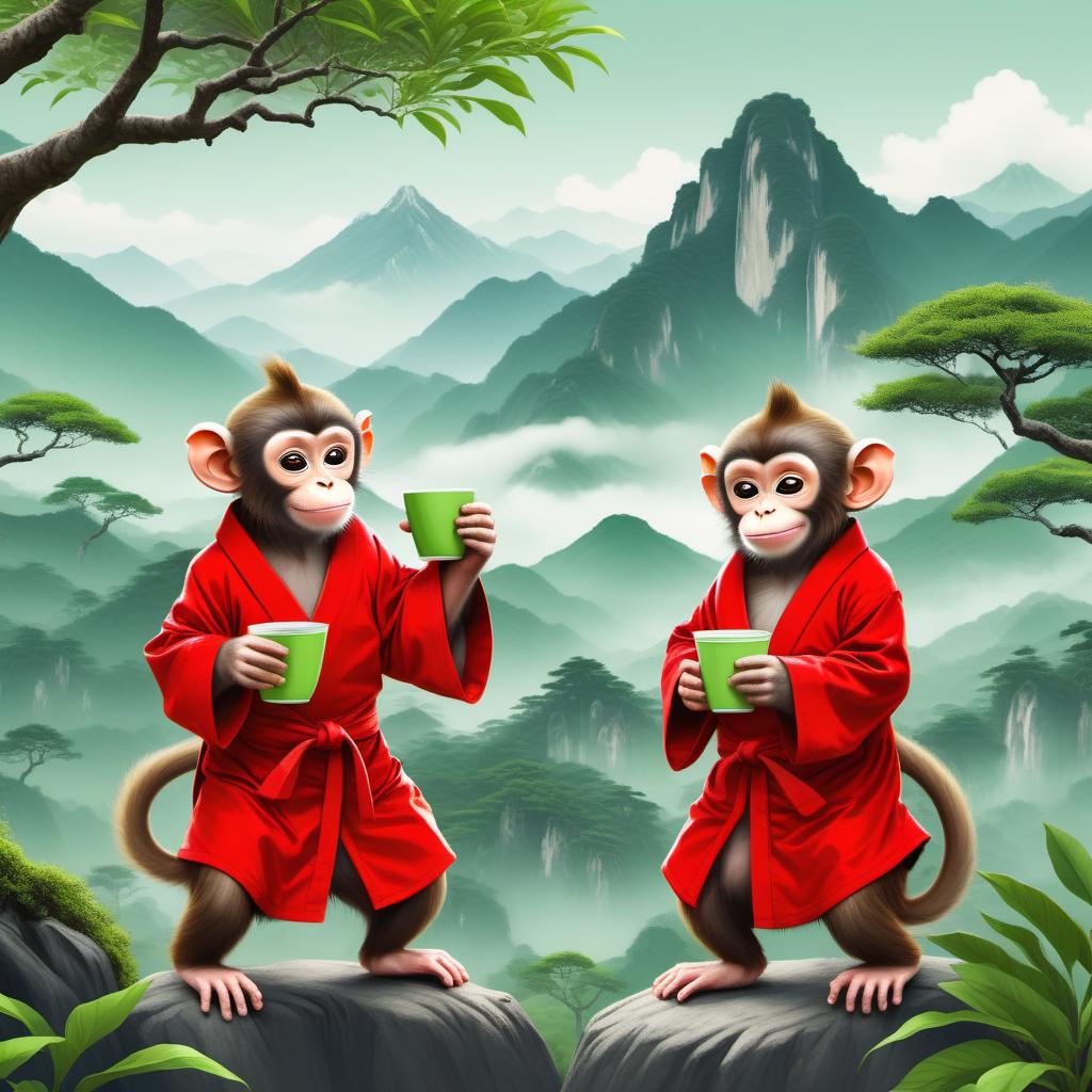  Two cute monkeys in red Chinese robes collect green tea 
leaves from old big tea trees, illustration, trees and mountains on 
background