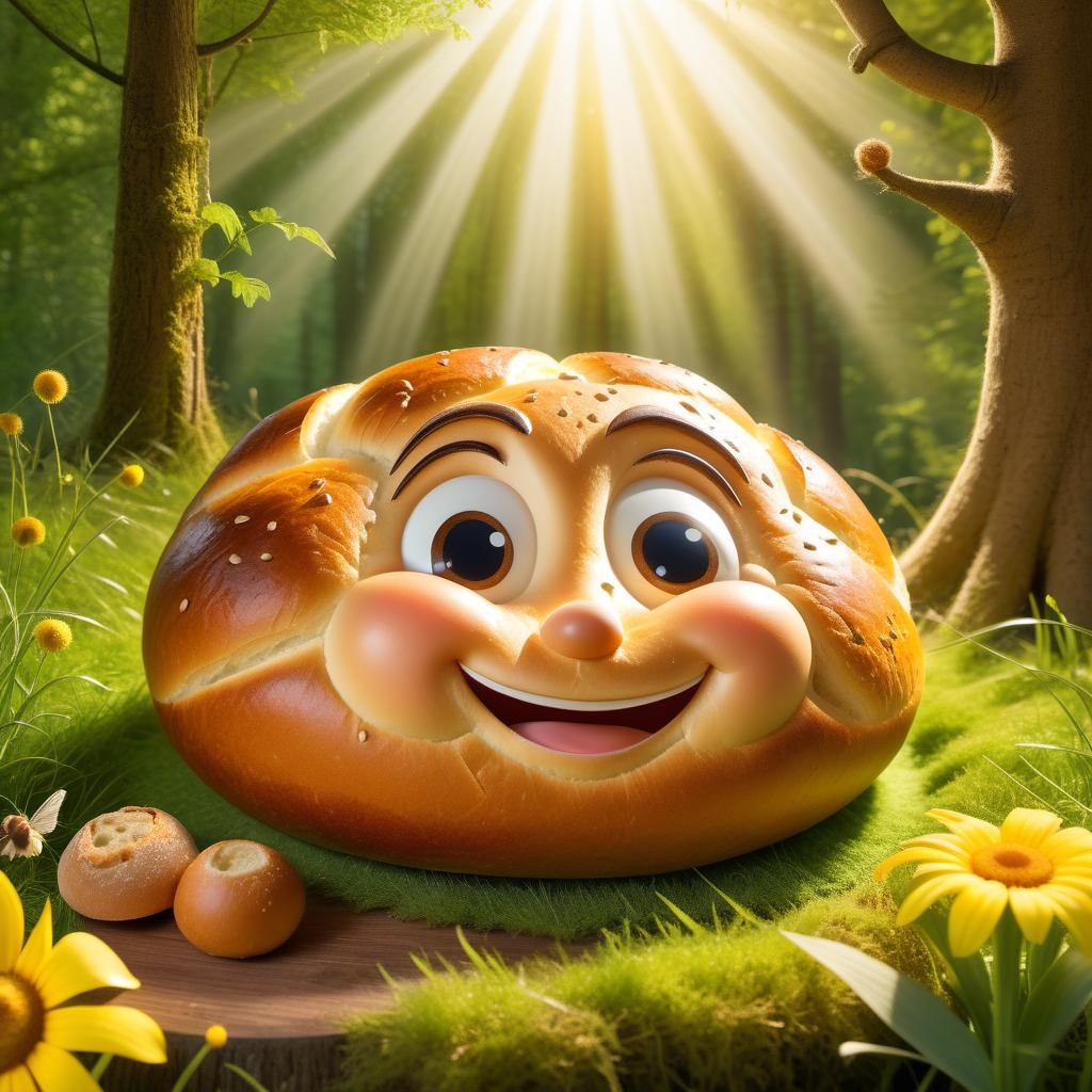  style Mandy Disher, kolobok, fabulous baked round cartoon bread with a smiling kind face, a view of the bread far in the distance, morning sun rays, green grass, forest edge, fairy forest, hut