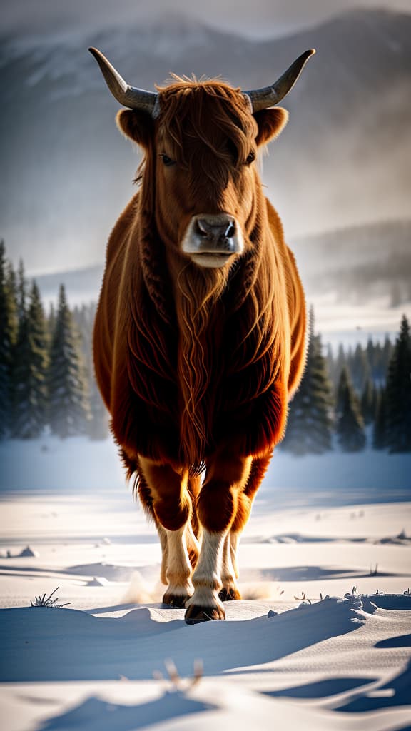  Big highland cow, tundra, high resolution , hyperrealistic, high quality, highly detailed, cinematic lighting, intricate, sharp focus, f/1. 8, 85mm, (centered image composition), (professionally color graded), ((bright soft diffused light)), volumetric fog, trending on instagram, HDR 4K, 8K