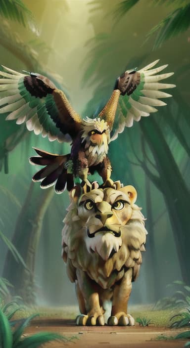  {The eagle perched on the lion's back as they walk through a dense, green jungle filled with tall trees and colorful plants, Eagle: A large, regal bird with golden brown feathers and piercing eyes. Lion: A strong and majestic creature with a golden mane and a confident stance