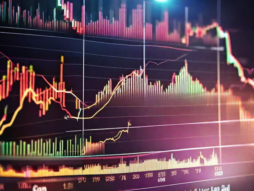  A close-up on a stock market graph displaying a rising trend, with four highlighted points indicating significant growth amidst overall market data. digital art, ilustration, no flares, clean hyperrealistic, full body, detailed clothing, highly detailed, cinematic lighting, stunningly beautiful, intricate, sharp focus, f/1. 8, 85mm, (centered image composition), (professionally color graded), ((bright soft diffused light)), volumetric fog, trending on instagram, trending on tumblr, HDR 4K, 8K