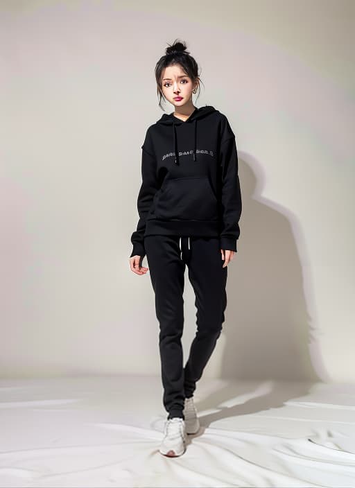  a woman wear a black sweatshirt,ADVERTISING PHOTO,high quality,masterpiece