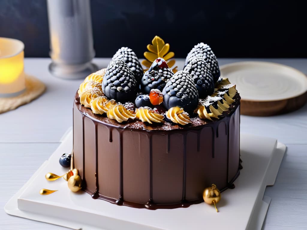  An ultradetailed, minimalistic image of a decadent chocolate cake with a smooth, glossy macainfused ganache dripping elegantly down its sides. The cake is elegantly decorated with delicate gold flakes and vibrant red berries, set on a sleek, modern white plate against a matte black backdrop, capturing the essence of sophistication and indulgence. hyperrealistic, full body, detailed clothing, highly detailed, cinematic lighting, stunningly beautiful, intricate, sharp focus, f/1. 8, 85mm, (centered image composition), (professionally color graded), ((bright soft diffused light)), volumetric fog, trending on instagram, trending on tumblr, HDR 4K, 8K