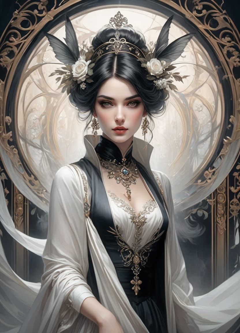  Art Nouveau style White, and black, young woman, arrogant, stuck up, sick of everything, tired of you, Style by Harrison Fisher and Brian Froud and Jeremy Mann and Alexandre Cabanel and Giovanni Boldini and Keith Parkinson . elegant, decorative, curvilinear forms, nature inspired, ornate, detailed hyperrealistic, full body, detailed clothing, highly detailed, cinematic lighting, stunningly beautiful, intricate, sharp focus, f/1. 8, 85mm, (centered image composition), (professionally color graded), ((bright soft diffused light)), volumetric fog, trending on instagram, trending on tumblr, HDR 4K, 8K