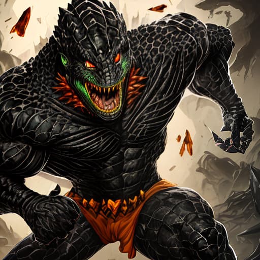  super muscular reptile man of black color and amber eyes with sharp teeth and threatening appearance