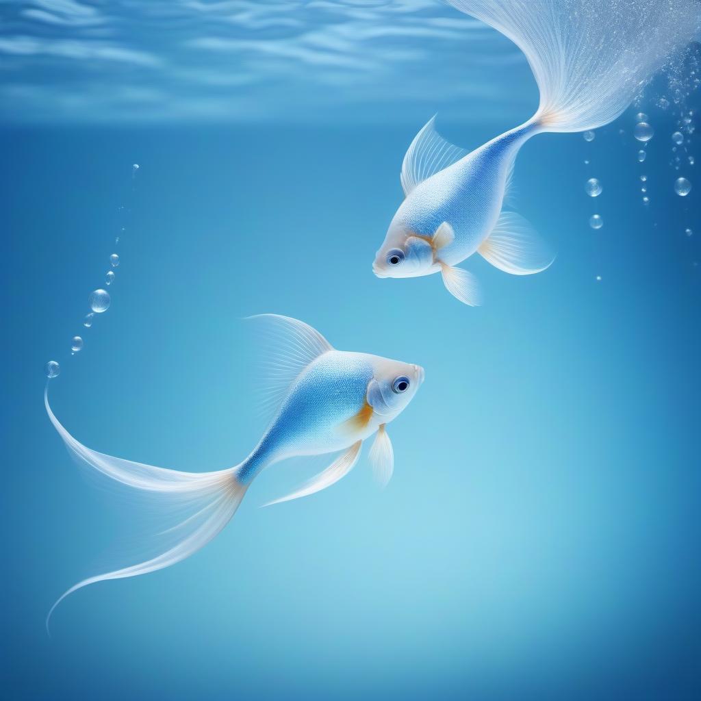  Two fish, the tail is a beautiful veil, dance in a glass -shaped neuron ball, against the backdrop of bursts of spray neurons, light blue white gold.Style art