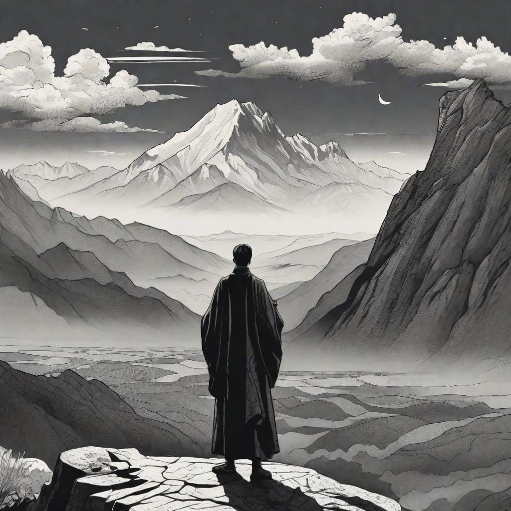  masterpiece, best quality, A lone figure stands at the edge of a towering cliff, overlooking a vast and expansive landscape. The figure, dressed in a flowing robe, exudes a sense of determination and resilience. The environment is a rugged and majestic mountain range, with jagged peaks and lush valleys. The mood is one of adventure and exploration, with a hint of mystery. The style is a realistic and detailed illustration, capturing the intricate textures of the mountains and the intricate folds of the figure's robe. The lighting is soft and warm, casting long shadows across the landscape. The realization is a digital painting, created with a graphics tablet and digital painting software.