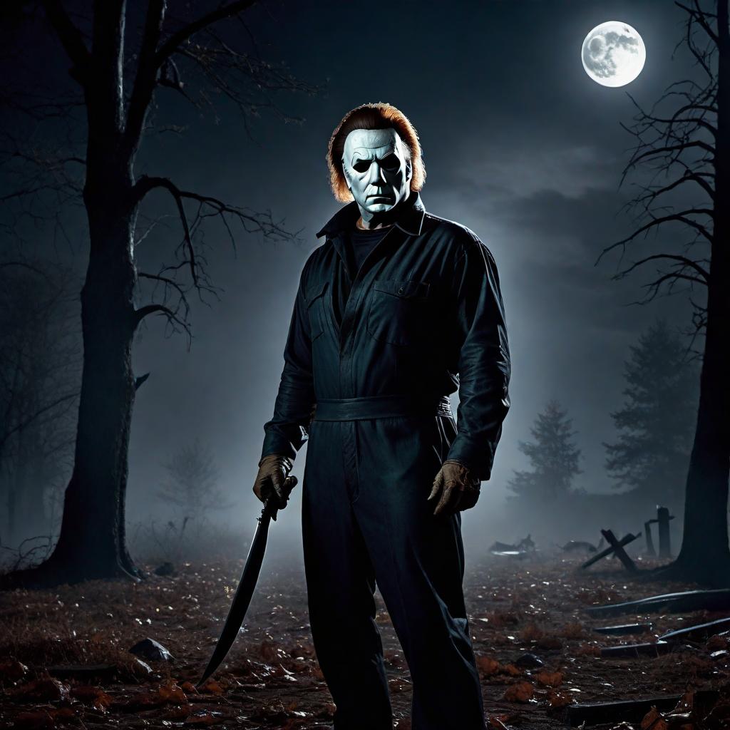  Michael Myers from the Halloween movie series, holding a knife, in a menacing pose with a dark, eerie background that has a full moon. hyperrealistic, full body, detailed clothing, highly detailed, cinematic lighting, stunningly beautiful, intricate, sharp focus, f/1. 8, 85mm, (centered image composition), (professionally color graded), ((bright soft diffused light)), volumetric fog, trending on instagram, trending on tumblr, HDR 4K, 8K