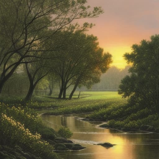  soft light. sunset. spring. flowers. the green grove. a stormy river. leaves. black