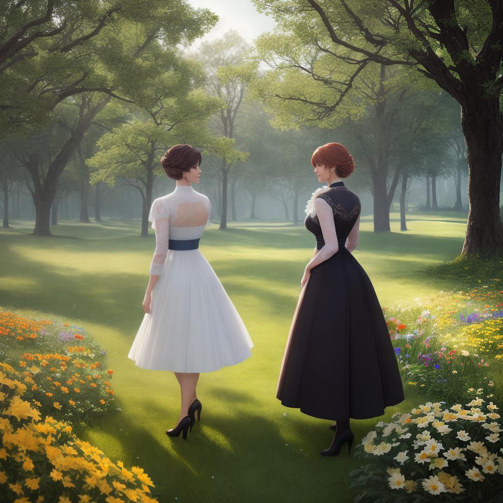  A woman and a boy, happy, in a park setting, realistic style, ((masterpiece)), (((best quality))), 8k, high detailed, ultra-detailed, sunny weather, green grass, tall trees, colorful flowers, a bench in the foreground hyperrealistic, full body, detailed clothing, highly detailed, cinematic lighting, stunningly beautiful, intricate, sharp focus, f/1. 8, 85mm, (centered image composition), (professionally color graded), ((bright soft diffused light)), volumetric fog, trending on instagram, trending on tumblr, HDR 4K, 8K