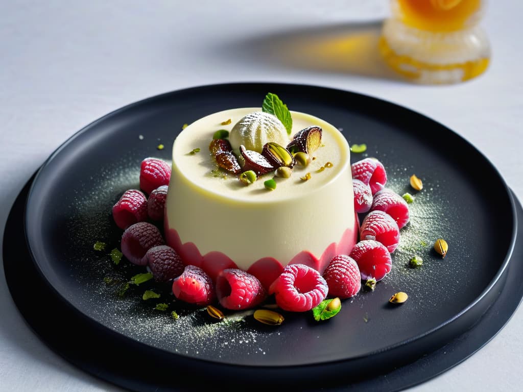  A closeup, ultradetailed image of a perfectly set vegan panna cotta made with agar agar, garnished with a delicate raspberry coulis swirl and a sprinkle of crushed pistachios, all presented on a sleek, modern plate. The creamy texture of the panna cotta reflects the light, showcasing its smooth surface, while the vibrant colors of the raspberry and pistachio create a visually striking contrast. The minimalist presentation enhances the elegance and sophistication of the dessert, making it a visually captivating centerpiece for the article on vegan desserts with agar agar. hyperrealistic, full body, detailed clothing, highly detailed, cinematic lighting, stunningly beautiful, intricate, sharp focus, f/1. 8, 85mm, (centered image composition), (professionally color graded), ((bright soft diffused light)), volumetric fog, trending on instagram, trending on tumblr, HDR 4K, 8K