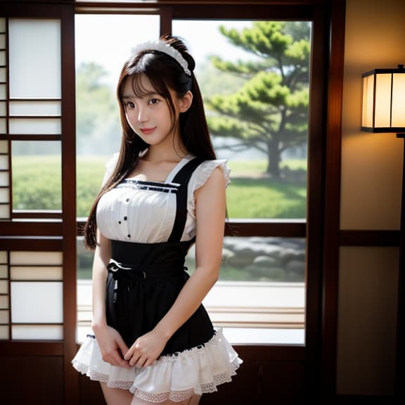  masterpiece, high quality, 4K, HDR BREAK A young woman with long dark hair, wearing a maid outfit with a frilly apron, standing in a shy, bashful pose with her hands clasped in front of her and a slight blush on her cheeks. BREAK A maid outfit with a frilly white apron, black stockings, and black shoes. BREAK The woman is standing with her head slightly tilted down, her eyes averted, and a shy, embarrassed expression on her face. BREAK A traditional Japanese style room with tatami mats, shoji screens, and a sakura tree visible through the window. hyperrealistic, full body, detailed clothing, highly detailed, cinematic lighting, stunningly beautiful, intricate, sharp focus, f/1. 8, 85mm, (centered image composition), (professionally color graded), ((bright soft diffused light)), volumetric fog, trending on instagram, trending on tumblr, HDR 4K, 8K