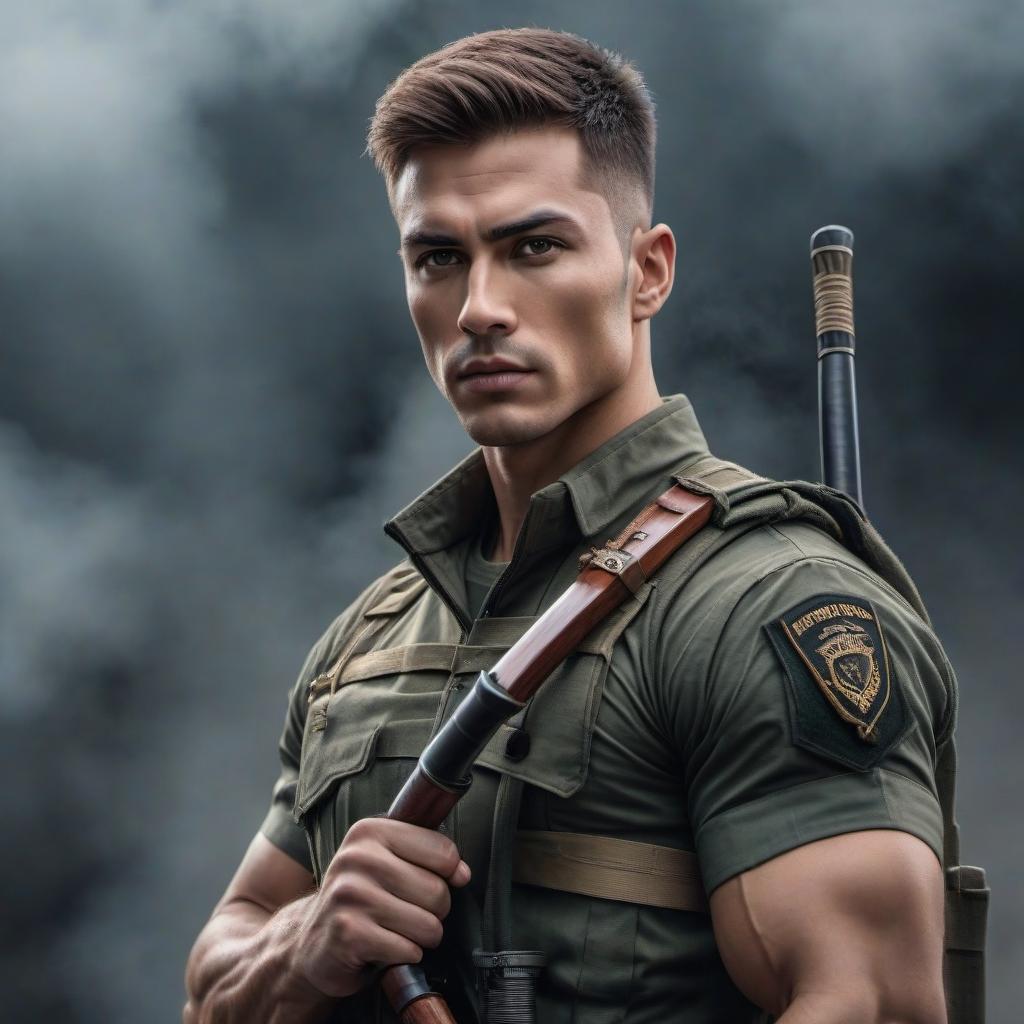  A very strong, muscular, young man in modern military uniform. He holds a katana in his hand. hyperrealistic, full body, detailed clothing, highly detailed, cinematic lighting, stunningly beautiful, intricate, sharp focus, f/1. 8, 85mm, (centered image composition), (professionally color graded), ((bright soft diffused light)), volumetric fog, trending on instagram, trending on tumblr, HDR 4K, 8K