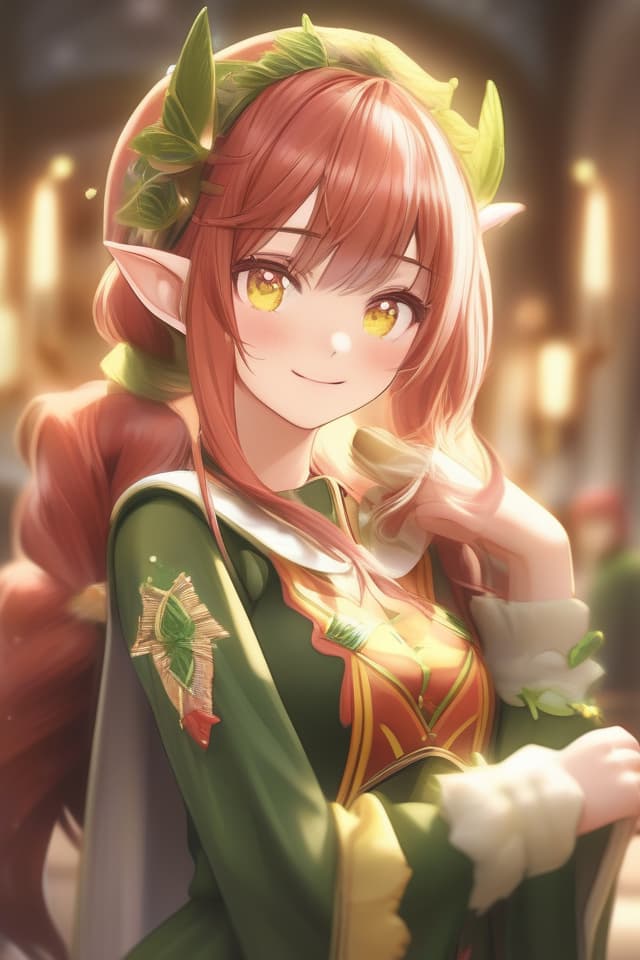  (Best masterpiece: 1.5),(Highest image quality),(Super detail),(Super precision),(Super beautiful CG),(8K),1girl,elf,solo,looking at viewer,blush,bangs,yellow green eyes,hair between eyes,Smile,red hair,short hair,close up,headband,shrine maiden costume,Hakama,Hakama are worn,white tabi socks,straw sandals,shrine,Shrine torii,midday sunshine,Hi angle,