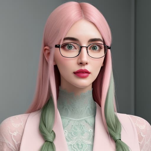  Create a coquettish girl wearing glasses. Colors are pastel pink and sage green hyperrealistic, full body, detailed clothing, highly detailed, cinematic lighting, stunningly beautiful, intricate, sharp focus, f/1. 8, 85mm, (centered image composition), (professionally color graded), ((bright soft diffused light)), volumetric fog, trending on instagram, trending on tumblr, HDR 4K, 8K