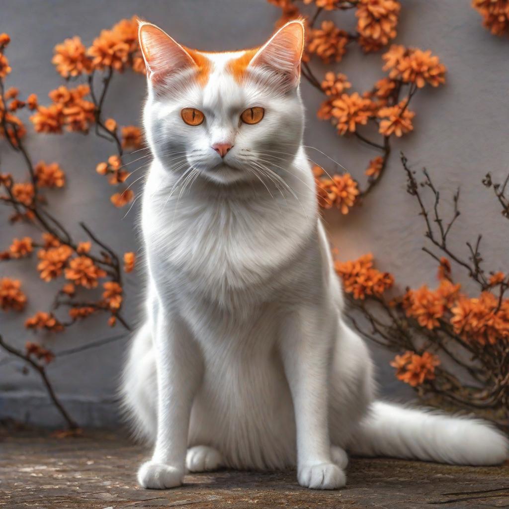  Gato blanco y naranja hyperrealistic, full body, detailed clothing, highly detailed, cinematic lighting, stunningly beautiful, intricate, sharp focus, f/1. 8, 85mm, (centered image composition), (professionally color graded), ((bright soft diffused light)), volumetric fog, trending on instagram, trending on tumblr, HDR 4K, 8K