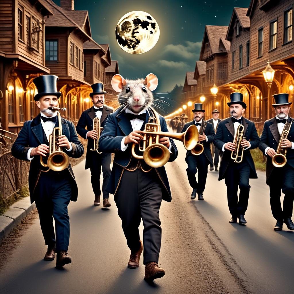  steampunk style a lot of rats are marching behind (((man boy playing the trumpet))) walking down the road playing the trumpet, a lot of rats in a string following the boy night moon lake, photo quality, 8K,lo . antique, mechanical, brass and copper tones, gears, intricate, detailed