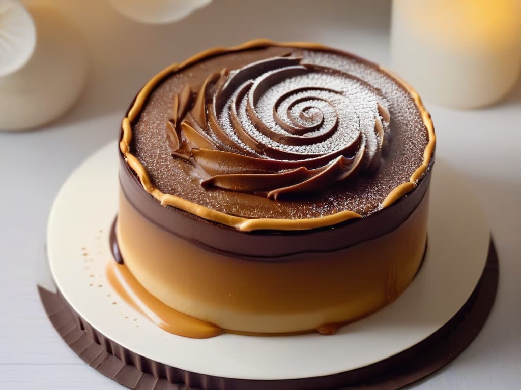  A closeup, ultradetailed image of a perfectly sculpted, intricate caramel sugar decoration atop a gourmet dessert. The decoration is elegantly placed on a smooth, glossy chocolate mousse, showcasing fine craftsmanship and culinary expertise. The lighting highlights the delicate details of the sugar work, emphasizing its artistic and professional quality. hyperrealistic, full body, detailed clothing, highly detailed, cinematic lighting, stunningly beautiful, intricate, sharp focus, f/1. 8, 85mm, (centered image composition), (professionally color graded), ((bright soft diffused light)), volumetric fog, trending on instagram, trending on tumblr, HDR 4K, 8K