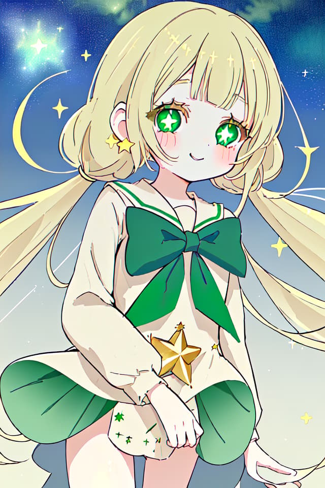  Beautiful ,,green eyes,long hair,Golden hair、half twin tail,cute,glittering eyes,star shaped highlights,stars,use of stars,sailor suit,night sky,using the magic of stars,cute,innocence,smile、(absurd detailed:1.4、best quality:1.4、masterpiece:1.4)、