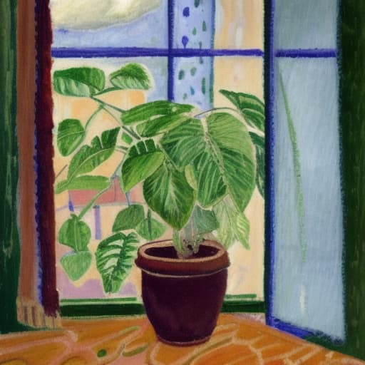  potted plant with large dark leaves sitting next to a window with a view to a storm, dim lighting and low contrast, oil painting style by vanessa bell and pierre bonnard low saturated color