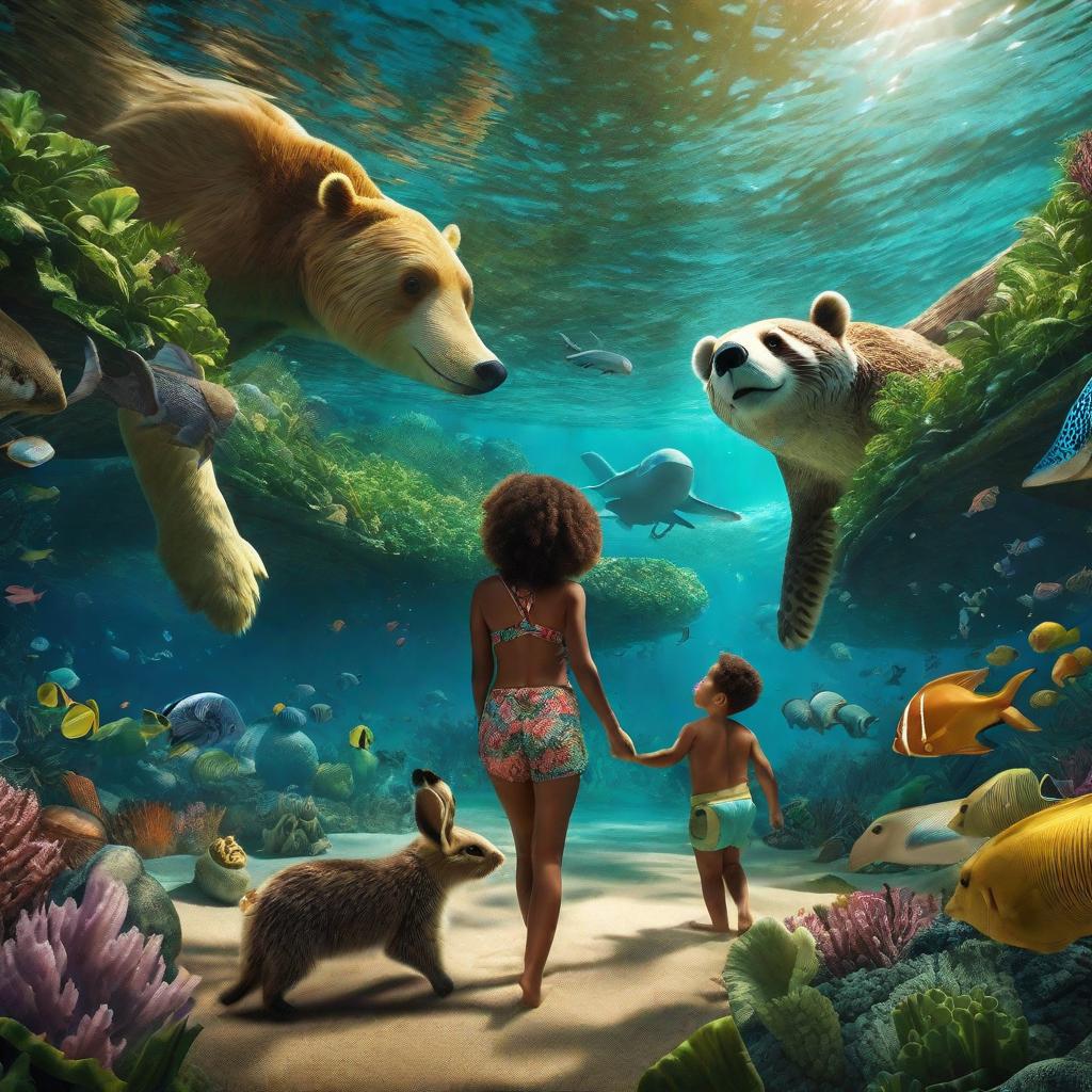  "A young child and their mother disembarking on an island teeming with a variety of cuddly, child-friendly animals, standing at the brink of a captivating underwater adventure. The child's face is filled with a mix of amazement and thrill."((masterpiece)), best quality, very detailed, high resolution, sharp, sharp image, extremely detailed, 4k, 8k, fairytale hyperrealistic, full body, detailed clothing, highly detailed, cinematic lighting, stunningly beautiful, intricate, sharp focus, f/1. 8, 85mm, (centered image composition), (professionally color graded), ((bright soft diffused light)), volumetric fog, trending on instagram, trending on tumblr, HDR 4K, 8K