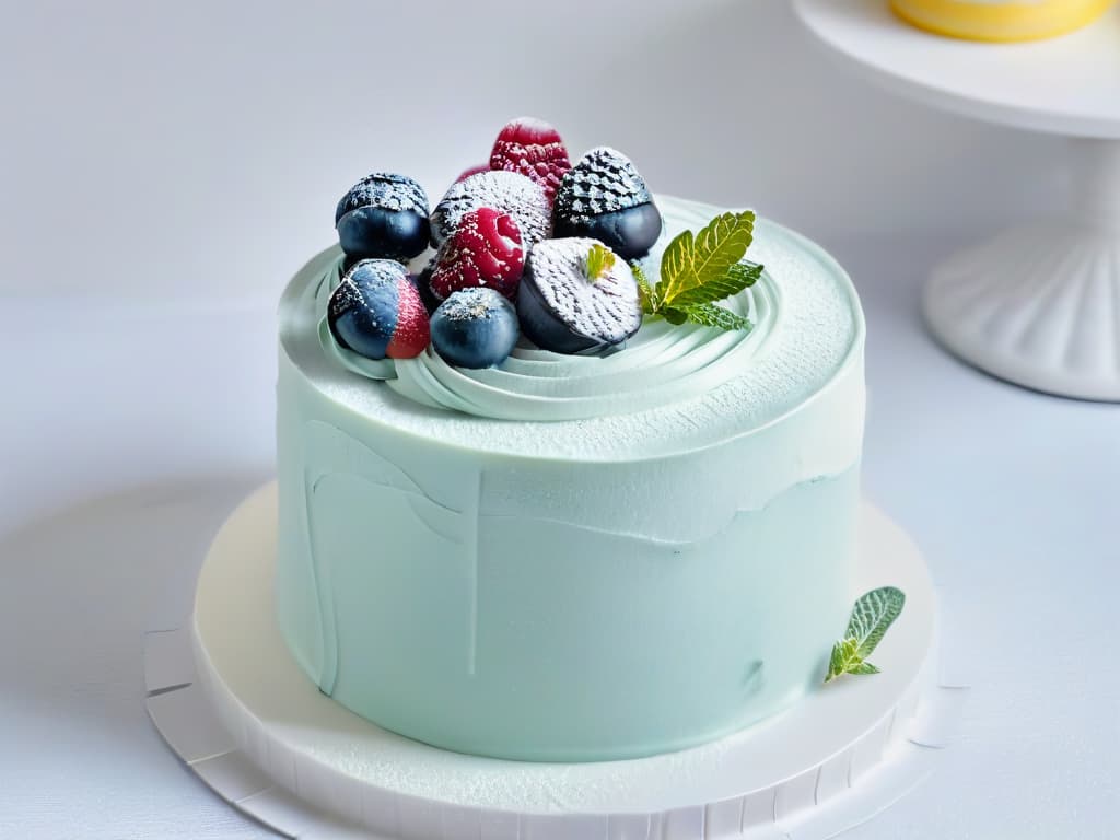  A photorealistic image of a decadent threetiered cake covered in a delicate haze of pastelcolored flavored foams, each layer adorned with intricate sugar flowers and swirls of glossy ganache. The cake sits on a polished marble countertop, surrounded by scattered fresh berries and sprigs of mint, with soft natural light filtering in to highlight the textures and colors of the dessert. The foams appear light and airy, creating a dreamy and ethereal effect that enhances the luxurious and sophisticated feel of the confection. hyperrealistic, full body, detailed clothing, highly detailed, cinematic lighting, stunningly beautiful, intricate, sharp focus, f/1. 8, 85mm, (centered image composition), (professionally color graded), ((bright soft diffused light)), volumetric fog, trending on instagram, trending on tumblr, HDR 4K, 8K