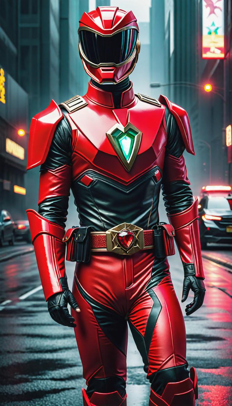  Cyberpunk style depiction of Donnie Wahlberg as a red Power Ranger with a red gem on his belt no helmet . The scene is set in a world where technology has advanced, but society and human conditions have not, creating a gritty, dystopian atmosphere. hyperrealistic, full body, detailed clothing, highly detailed, cinematic lighting, stunningly beautiful, intricate, sharp focus, f/1. 8, 85mm, (centered image composition), (professionally color graded), ((bright soft diffused light)), volumetric fog, trending on instagram, trending on tumblr, HDR 4K, 8K