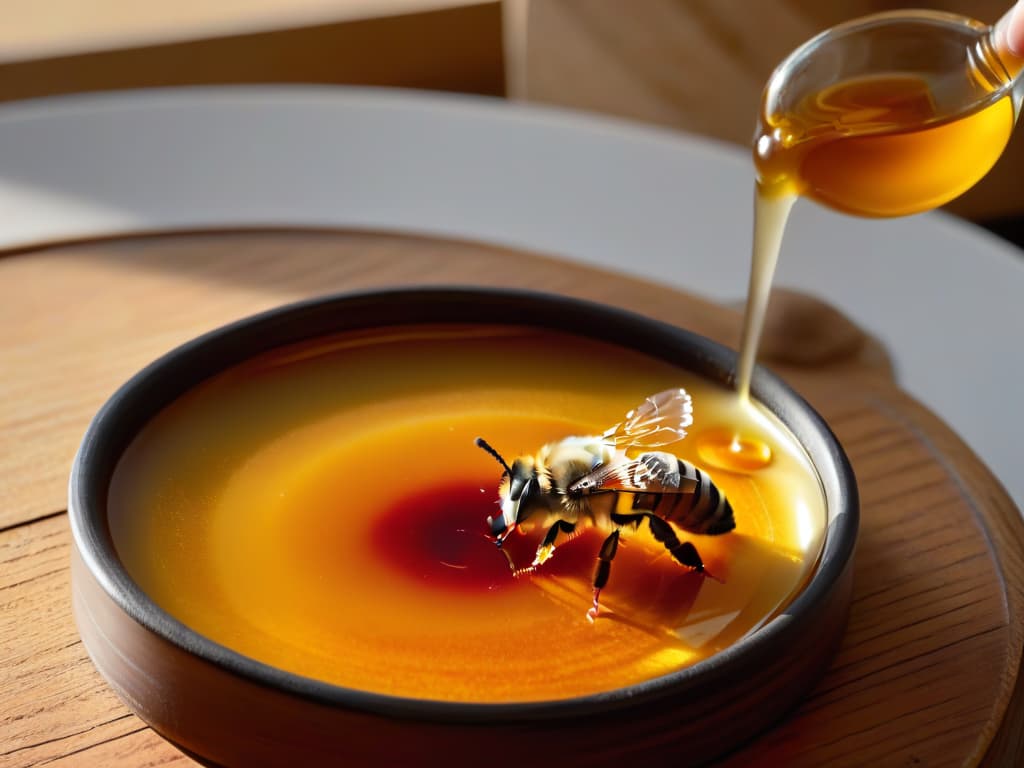  A highresolution, ultradetailed image of a goldenhued, viscous drop of melipona bee honey delicately suspended in midair, showcasing its natural iridescence and texture. The background is a soft focus of a traditional wooden honey dipper resting on a rustic, earthtoned ceramic dish, adding a touch of warmth and authenticity to the composition. This minimalistic yet captivating image captures the essence of the melipona bee honey's sweetness and history, perfectly complementing the informative article on its role in pastry making. hyperrealistic, full body, detailed clothing, highly detailed, cinematic lighting, stunningly beautiful, intricate, sharp focus, f/1. 8, 85mm, (centered image composition), (professionally color graded), ((bright soft diffused light)), volumetric fog, trending on instagram, trending on tumblr, HDR 4K, 8K