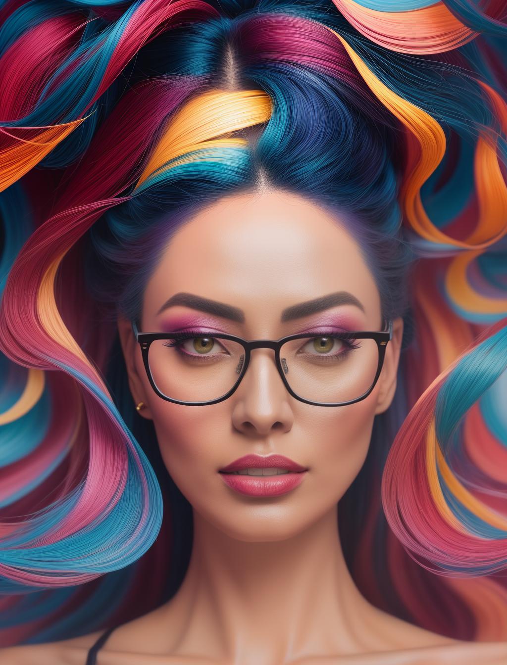 An original painting of a beautiful woman with glasses, abstract acrylic paint background, in the style of fang lijun, simplified and stylized portraits, highly detailed illustrations, detailed portraiture, optical, dreamlike portraiture, naive, 8k, sharp focus, colorful, vibrant, cinematic, abstract painting, acrylic paints, colorful bubbles hyperrealistic, full body, detailed clothing, highly detailed, cinematic lighting, stunningly beautiful, intricate, sharp focus, f/1. 8, 85mm, (centered image composition), (professionally color graded), ((bright soft diffused light)), volumetric fog, trending on instagram, trending on tumblr, HDR 4K, 8K