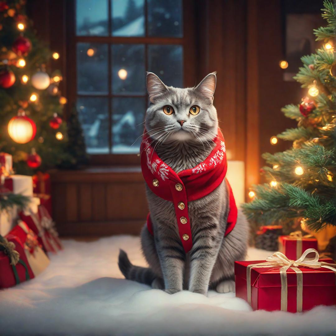  cat christmas concept advertising, studio ghibli, 4k hyperrealistic, full body, detailed clothing, highly detailed, cinematic lighting, stunningly beautiful, intricate, sharp focus, f/1. 8, 85mm, (centered image composition), (professionally color graded), ((bright soft diffused light)), volumetric fog, trending on instagram, trending on tumblr, HDR 4K, 8K