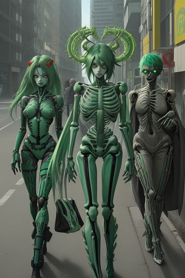  Green hair character cybernectic, terraced, reinforced skeleton