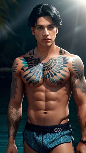  Male siren, Indigenous American, toned body with tribal tattoos, black hair, brown eyes, hyperrealistic, high quality, highly detailed, cinematic lighting, intricate, sharp focus, f/1. 8, 85mm, (centered image composition), (professionally color graded), ((bright soft diffused light)), volumetric fog, trending on instagram, HDR 4K, 8K