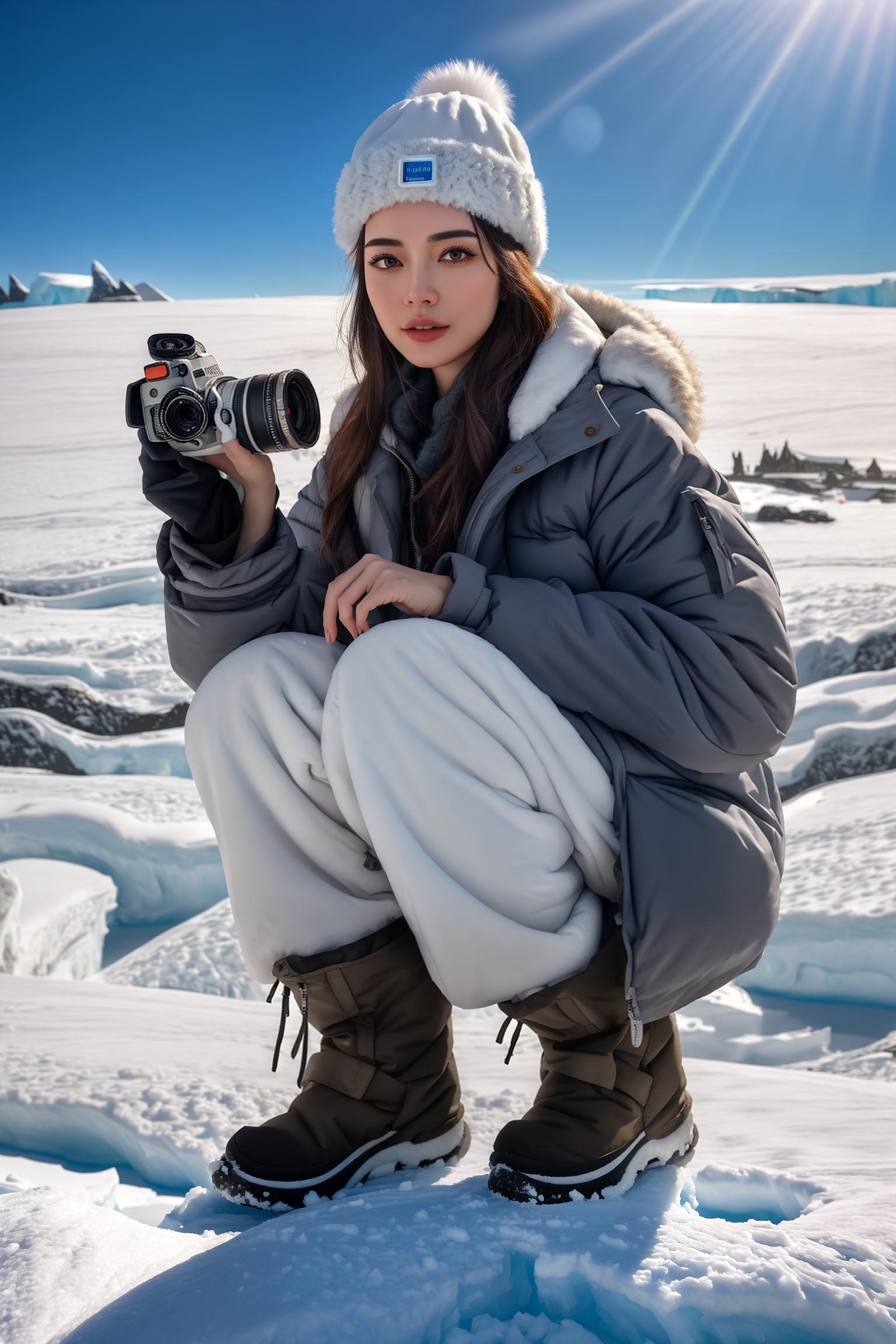  (masterpiece:1.5), (best quality:1.0), highly detailed, ultra detailed, (1 woman:1.0), (thick cold weather clothing:1.2), (down jacket:1.1), (snow boots:1.1), (fur trimmed hat:1.0), (holding a professional camera:1.3), (determined eyes:1.2), (passionate gaze:1.1), (rosy cheeks:1.0), (Antarctic landscape:1.3), (vast snowy plains:1.1), (mountainous icebergs:1.0), (colony of penguins:1.2), (active and adorable penguins:1.1), (glaciers:1.0), (impending blizzard:1.1), (sunbeams piercing through the clouds:1.0), (optimistic attitude:0.9), (resilient spirit:1.0) hyperrealistic, full body, detailed clothing, highly detailed, cinematic lighting, stunningly beautiful, intricate, sharp focus, f/1. 8, 85mm, (centered image composition), (professionally color graded), ((bright soft diffused light)), volumetric fog, trending on instagram, trending on tumblr, HDR 4K, 8K