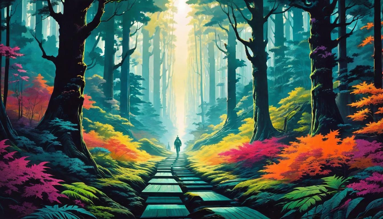  retro futuristic Narrow path through a dark forest, leading towards a radiant clearing, daunting journey, indomitable spirit, approach to enlightenment lvintage sci fi, 50s and 60s style, atomic age, vibrant, highly detailed