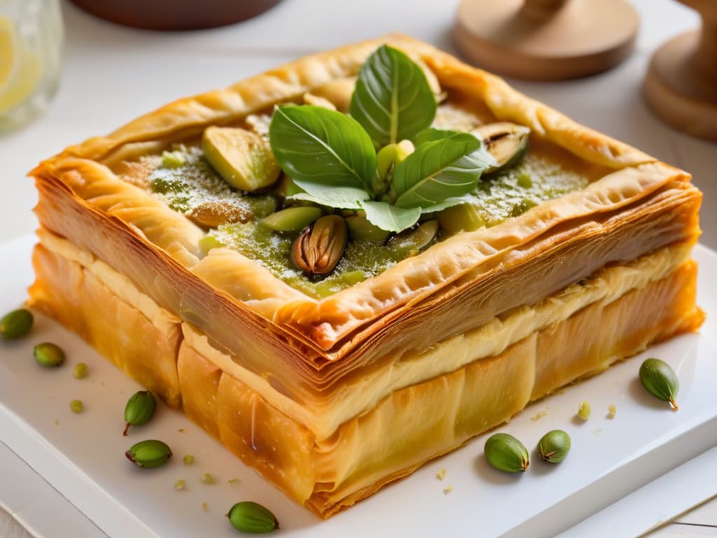  An ultradetailed closeup image of a freshly baked baklava pastry, showcasing layers of flaky phyllo dough, rich pistachios, and sweet honey glaze, all glistening under soft natural lighting. The intricate textures and vibrant colors of the dessert are captured in exquisite detail, highlighting the unique ingredients that define Middle Eastern pastry making. hyperrealistic, full body, detailed clothing, highly detailed, cinematic lighting, stunningly beautiful, intricate, sharp focus, f/1. 8, 85mm, (centered image composition), (professionally color graded), ((bright soft diffused light)), volumetric fog, trending on instagram, trending on tumblr, HDR 4K, 8K