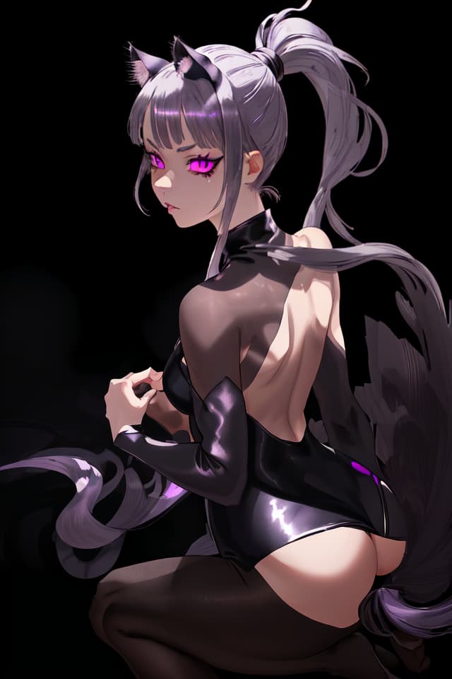  Silver Ponytail, Cats Ear, Purple Eyes, Jitome, Black ONE PIECE, Black Tights, (AbsurDress, masterpiece, ultimate quality) , Detailed skin Texture, best shadow, very detail, colorful, 8K Wallpaper, Raw Photoristic Detailed, Dutch Angle, 💩, 💩, 💩,