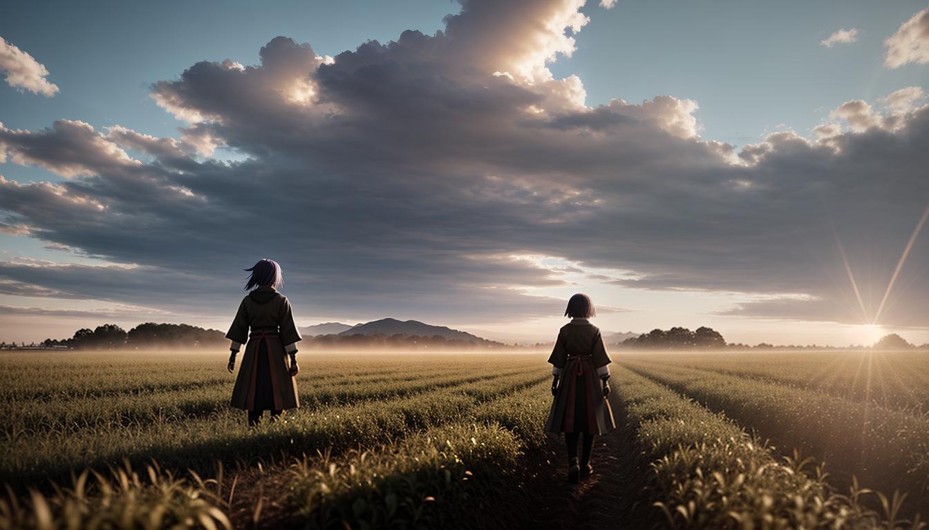  anime aesthetics, cinematic person planting seeds, open field, hopeful expression, late afternoon light, mood of future promise4k, HDR, lens flare, visually stunning, emotionally evocative