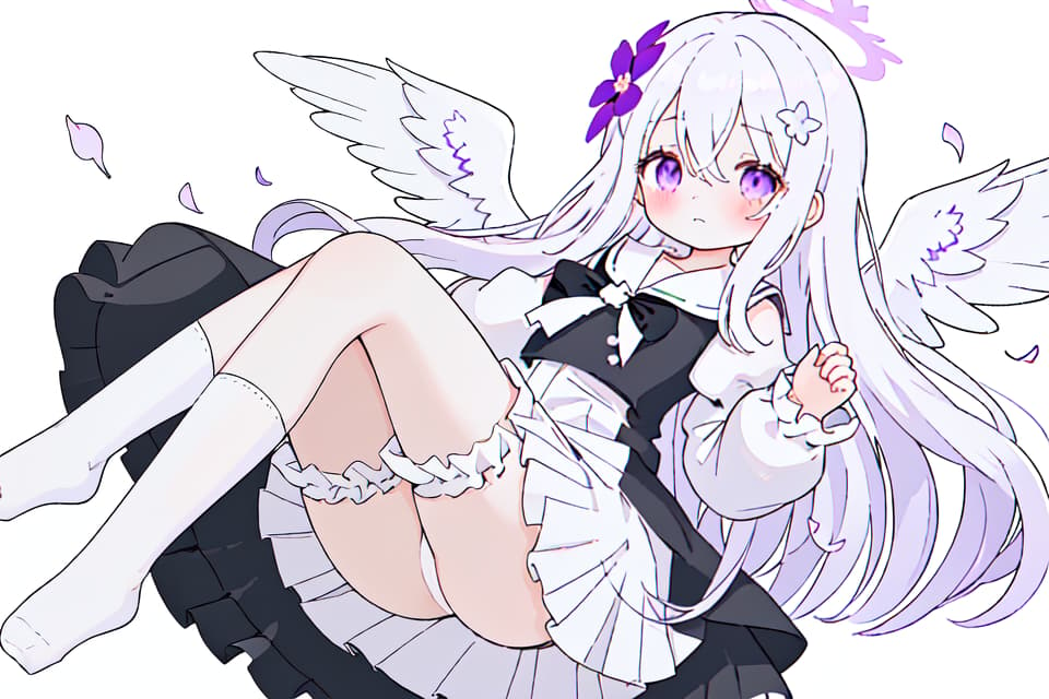  1girl,halo,on side,no shoes, hair ornament,white background,low wings,flower,black dress,feathered wings,blush,white sailor collar,very long hair,hair between eyes,closed mouth,frilled dress,white hair,dress,puffy long sleeves,,white wings,long sleeves,lying,puffy sleeves,socks,long hair,purple eyes,wings,hair flower,pleated dress,ribbon trim,sailor collar,high socks,solo,frills,white socks,crossover,loose socks,sailor dress,petals,bow,simple background,ribbon trimmed sleevesmasterpiece,newest,absurdres,safe