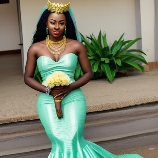  A Ghanaian modern bride in a stylish mint green Ghanaian KENTE gown with chains and petals . Should be a mermaid dress that looks regal and has highlights of kente colors. Must look like a beauty queen with a golden crown