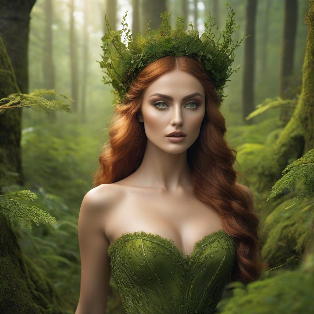  Greek nymph Dryad. Young nymph with refined facial features. Green eyes, green lips. Oval face. Slim, lean body, slender legs. Reddish hair. Green garment with fringe bark of trees, grass, leaves, moss. Crown on the head from leaves and twigs. The nymph runs through the forest, around birds fly. hyperrealistic, full body, detailed clothing, highly detailed, cinematic lighting, stunningly beautiful, intricate, sharp focus, f/1. 8, 85mm, (centered image composition), (professionally color graded), ((bright soft diffused light)), volumetric fog, trending on instagram, trending on tumblr, HDR 4K, 8K