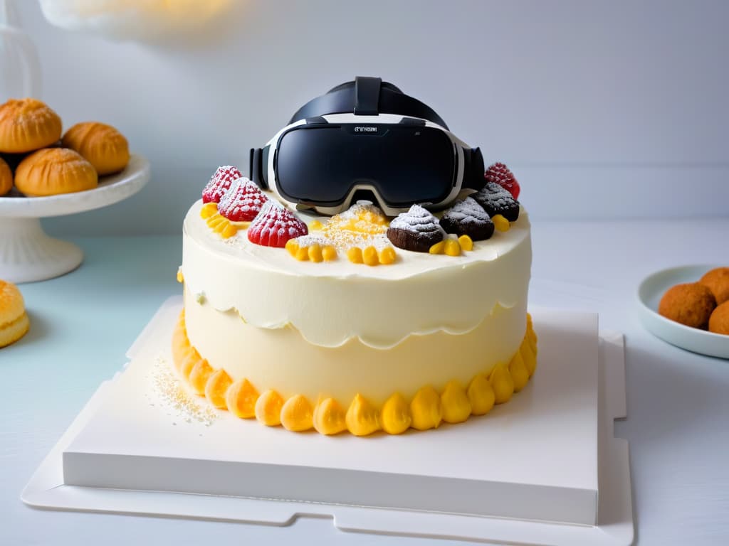  A minimalist, ultradetailed image of a sleek, futuristic virtual reality headset surrounded by a variety of colorful, mouthwatering pastries and baking ingredients. The headset is glowing softly with a digital display showing intricate cake decorating techniques, while the background fades into a soft focus to emphasize the sharp, realistic details of the headset and the delicious treats in the foreground. hyperrealistic, full body, detailed clothing, highly detailed, cinematic lighting, stunningly beautiful, intricate, sharp focus, f/1. 8, 85mm, (centered image composition), (professionally color graded), ((bright soft diffused light)), volumetric fog, trending on instagram, trending on tumblr, HDR 4K, 8K